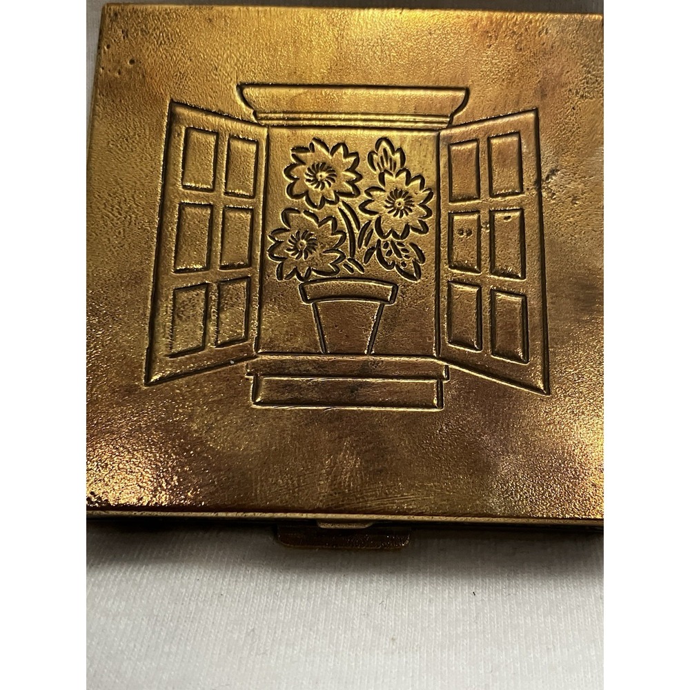VTG Brass Art Deco Embossed Flower Pot Window Compact Purse Mirror Square